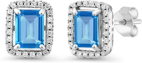 Vista 58 de Gem Stone King Aretes de plata de ley 925 con piedra natal Corte esmeralda de 0.315 x 0.236 in Aretes de halo para mujer