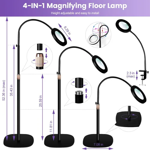 Vista 3 de Lámpara de lupa de 12 aumentos con luz y soporte, lámpara de pie LED de aumento de NUEYiO con atenuación sin escalones de 3 colores, lámpara de lupa