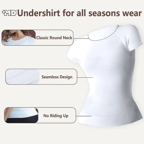 Vista 4 de +MD Camiseta de compresión de manga corta para mujer, con cuello redondo, camiseta básica sin costuras