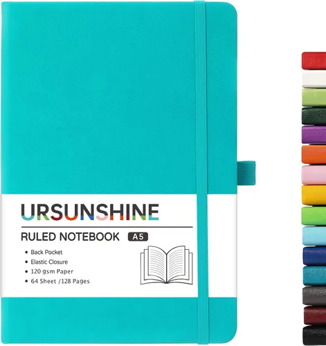 Vista 37 de Cuaderno punteado, diario, 5.3 x 8.26 pulgadas, tapa dura, prémium, papel grueso, doble espiral, bandas, cuero negro sintético, lazo para bolígrafo