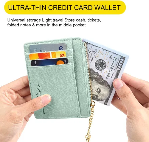 Vista 23 de URAQT Cartera para tarjetas de crédito, cartera minimalista de cuero delgado con cremallera, mini protector de tarjeta de crédito, llavero bolsillo