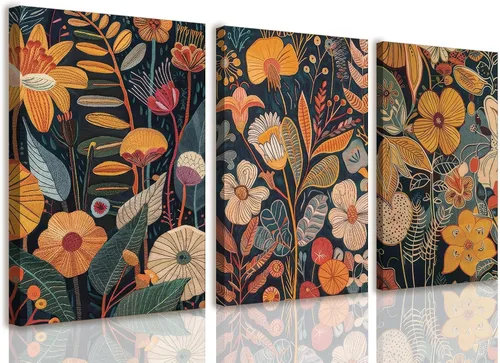 Vista 13 de TBKHUDBI Lienzo de flores bohemias para pared, impresiones florales abstractas, juego de 3 pósteres minimalistas de pintura botánica, mercado