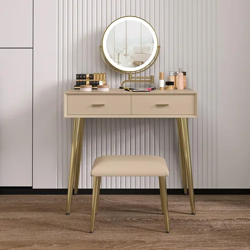 Vista 9 de Juego de escritorio con espejo giratorio de 360° y luces, pequeño tocador de maquillaje con cuero de microfibra, mesa de tocador con 2 cajones Beige