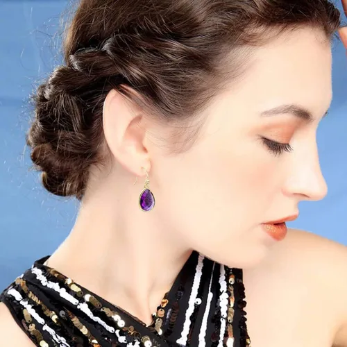 Vista 4 de Aretes de amatista, aretes de cristal morado con lágrima para mujer, delicados aretes colgantes de piedra natural para joyería estética, aretes