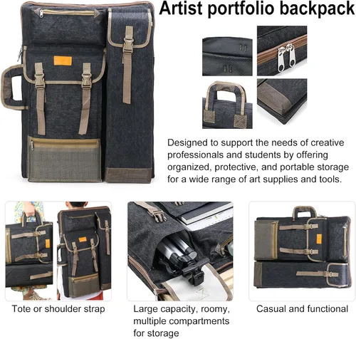 Vista 2 de TRANSON Estuche de Portafolio de Arte Mochila de Lona Bolsa Grande 26” x 19.5
