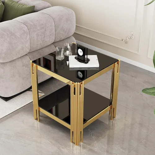 Vista 22 de Mesa de centro de vidrio templado de 31.5 pulgadas, moderna mesa de té dorada de 2 niveles con estante inferior, mesas centrales de lujo con marco