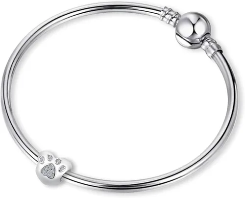 Vista 4 de QeenseKc Abalorio de corazón con diseño de pata de mascota con circonita cúbica para Pandöra y pulsera europea