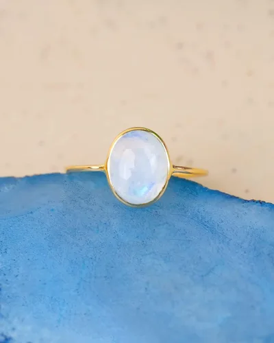 Vista 4 de YoTreasure Anillo solitario de piedra lunar arco iris joyería de oro amarillo de 14 quilates