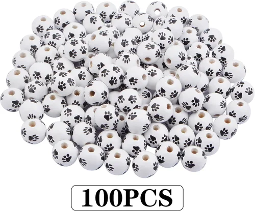 Vista 2 de 100 cuentas espaciadoras de madera con estampado de pata de perro de 0.63 pulgadas, cuentas redondas de huellas de perro en blanco y negro