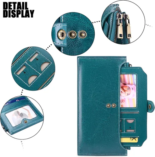 Vista 5 de KELEEL Cartera de mujer con bloqueo RFID plegable de piel auténtica con doble bolsillo con cremallera extraíble, funda para tarjetas múltiples