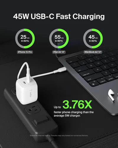 Vista 2 de Belkin Bloque de cargador USB C dual de 45 W, carga súper rápida PD3.0 con tecnología GaN - Samsung Galaxy S25, Apple iPhone 17, Air, Pro, Pro Max