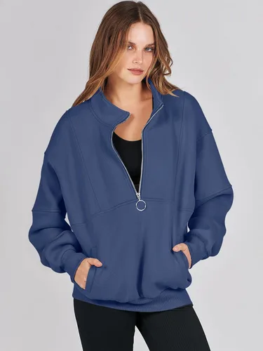 Vista 2 de ANRABESS Sudaderas de forro polar con media cremallera para mujer, de gran tamaño, con cremallera de un cuarto, ropa de otoño 2024, ropa de moda