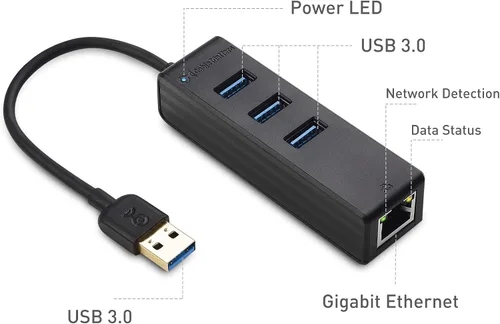 Vista 3 de Cable Matters Hub USB 4 en 1 con Ethernet, compatible con red Gigabit (USB 3.0 Hub Ethernet) con red 10/100/1000Mbps, 3 puertos USB de 5 Gbps