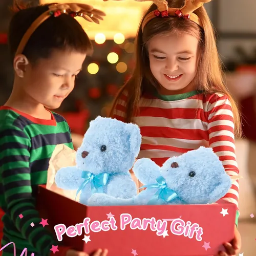Vista 8 de HyDren 24 piezas de animales de peluche de oso a granel para niños de 10 pulgadas, juguete para dormir y jugar, animales preescolares con lazo, Azul