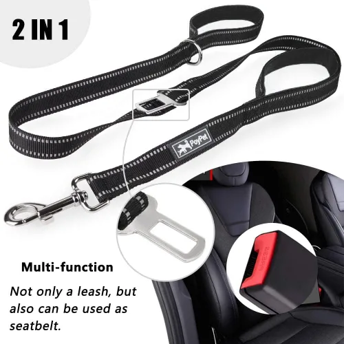 Vista 4 de PoyPet Correa para perro de 5 pies – reflectante 3M – 2 asas acolchadas – cinturón de seguridad funcional para automóvil (negro)