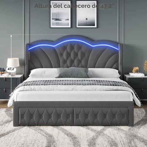 Vista 5 de Keyluv - Base de cama Queen con luces LED y 2 cajones de almacenamiento, plataforma tapizada en terciopelo con cabecera de 47" de altura