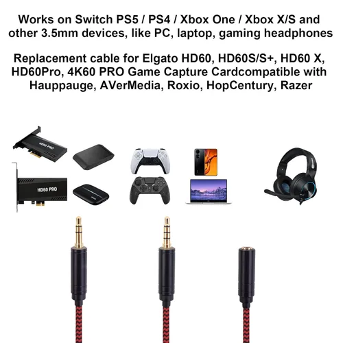 Vista 4 de Cable de audio de enlace de chat HD60 S rojo de 6.9 pies para Elgato HD60 Series, PS5/PS4/Xbox One/X/S y PC, 1 unidad
