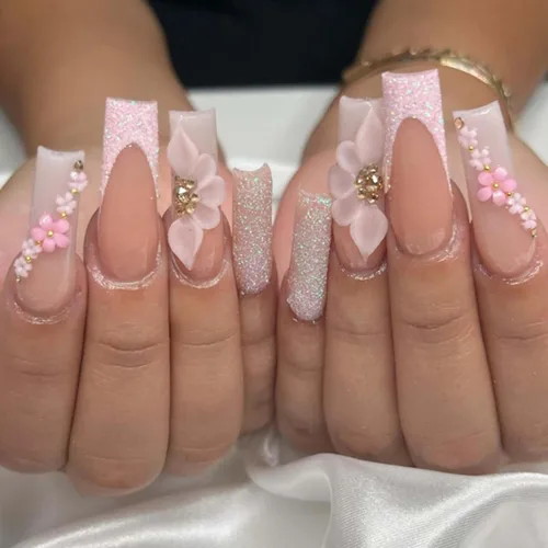 Vista 19 de Uñas postizas francesas a presión, uñas postizas largas de acrílico con forma de ataúd de cobertura completa, uñas postizas de bailarina