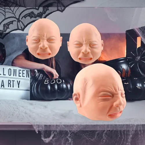 Vista 7 de Cotiny Paquete de 2 máscaras de látex para cabeza de bebé llorando de Halloween, máscaras faciales falsas para adultos, cosplay, fiesta de Halloween