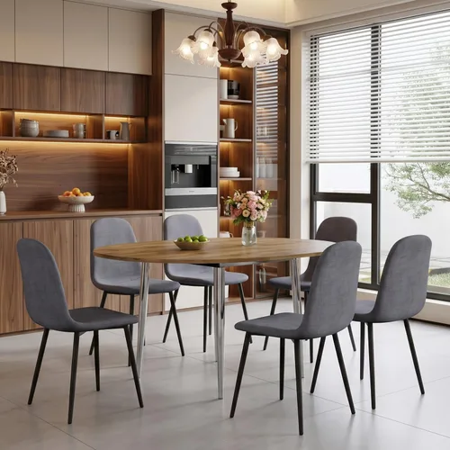 Vista 20 de FURNITO Juego de mesa de comedor de madera para 4, mesa extensible redonda a ovalada de 42 a 54 pulgadas con 4 sillas de tela, juego de comedor 4