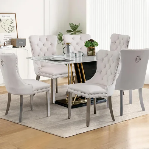 Vista 34 de Juego de 2 sillas de comedor tapizadas de tela de lino, sillas de cocina modernas de mediados de siglo con respaldo alto, ribete de cabeza de clavo