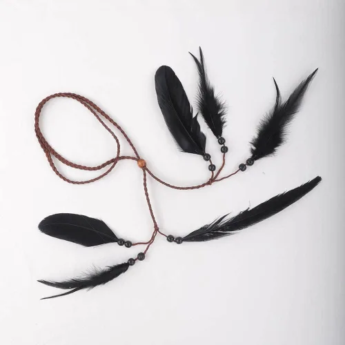 Vista 5 de Jumwrit Diadema de plumas bohemias, tocado gitano hippie con plumas negras, tocado de borla ajustable cuerda de cáñamo con cuentas, accesorios