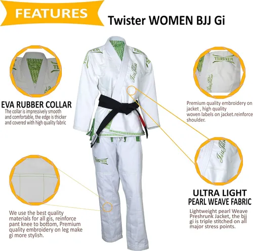 Vista 2 de Twister Jiu Jitsu Gi brasileño para mujer, tela preencogida de alta calidad BJJ Gi Viene con cinturón blanco gratis