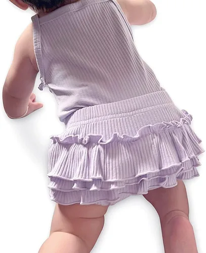 Vista 5 de Conjunto de 3 piezas de algodón de punto acanalado con volantes, camisola de verano con diadema, color liso