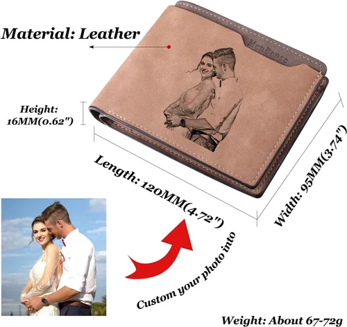 Vista 2 de INBLUE Billetera plegable grabada personalizada, cartera de cuero personalizada con foto y texto grabado, regalos para hombres, marido, papá, hijo