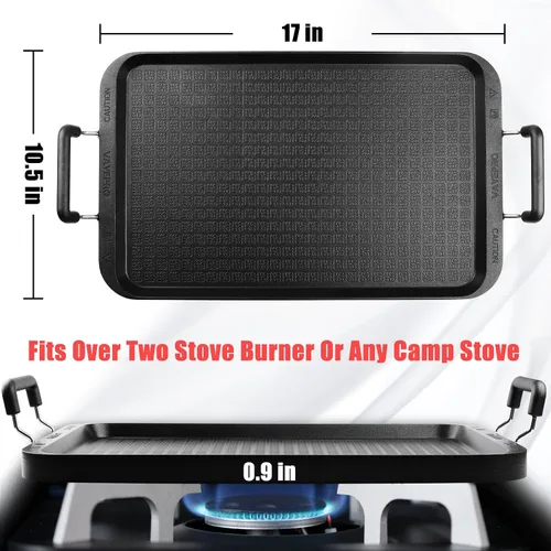 Vista 5 de 2-Burner Griddle Pan with Glass Lid - Nonstick Stovetop Griddle for Gas, Glass Stove Top - Aluminum Camping Grill Pan for Pancakes, Eggs, Breakfast