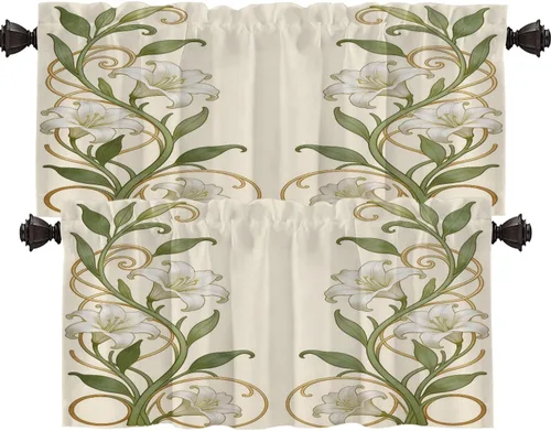 Vista 51 de Shrahala Art Nouveau Floral Pattern Blackout Curtain Tiers, Delicate Vine and Flower Design Kitchen Valance Light Blocking Tier Drapes with Rod
