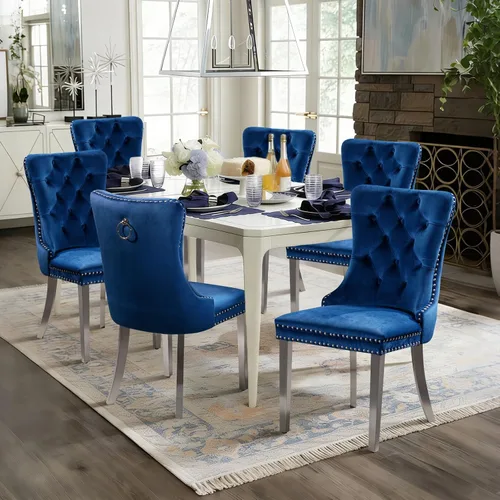 Vista 47 de Juego de 2 sillas de comedor de terciopelo con patas de madera, color beige Mid Century Modern Dining Chairs,Upholstered Chairs with Nailhead