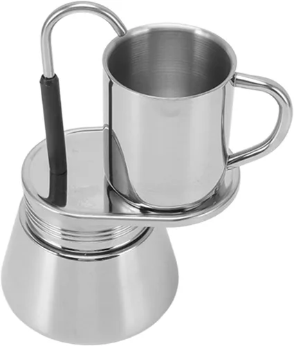 Vista 6 de Olla de boquilla individual, mini cafetera espresso con taza, juego de olla italiana de acero inoxidable, cafetera de café DIY para acampar