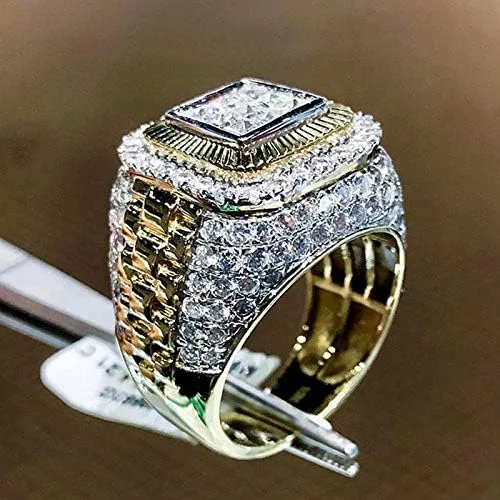 Vista 6 de Anillo de cristal de hielo para hombre, chapado en oro de 14 quilates, brillante hip hop, cristal de hielo, anillo de lujo súper grande para hombre