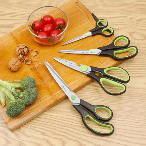 Vista 7 de Tijeras de cocina, cuchillas de acero inoxidable, agarre suave, juego de tijeras de cocina multiusos resistentes, negro/verde, juego de 4 piezas