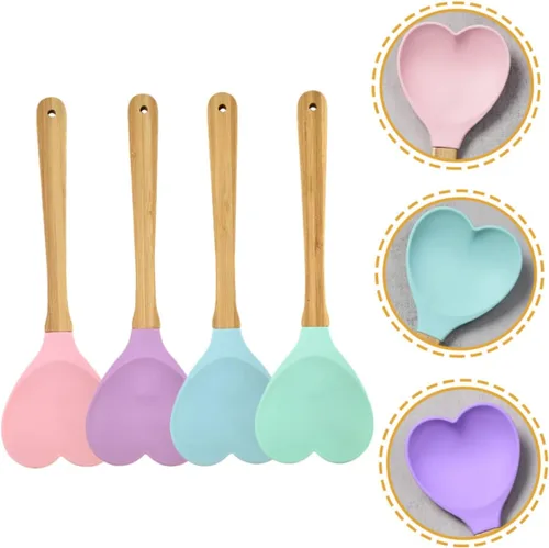Vista 3 de 4 cucharas de sopa y ensalada de silicona con forma de corazón, prácticos utensilios de cocina para mezclar y servir y herramientas de cocina