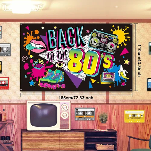 Vista 4 de Breling Decoraciones de fiesta de los años 80 y 90: paquete temático de música retro con boombox inflable y teléfono móvil, telón de fondo, 55