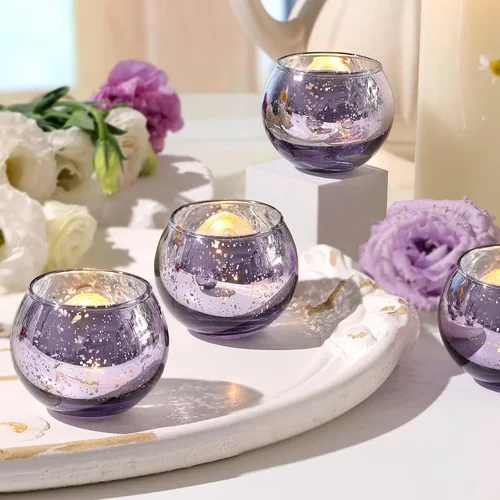 Vista 7 de Volens - Portavelas votivas redondas azules, juego de 12, decoraciones de mesa para centro de mesa de boda azul, portavelas de vidrio de mercurio