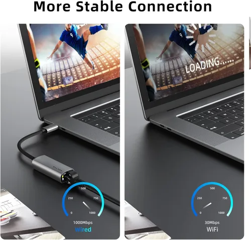 Vista 2 de WALNEW - Adaptador USB C a Ethernet de 1 Gbps, adaptador LAN Ethernet RJ45