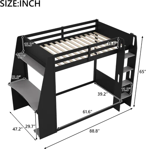Vista 2 de Polibi Twin Wooden Gaming Bunk Bed with Desk, USB & LED Light