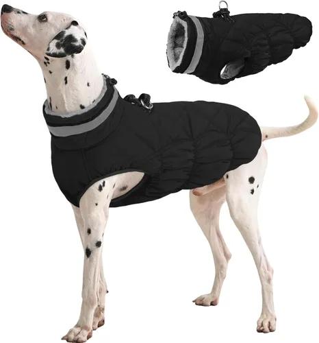 Vista 60 de Abrigo para perro, chaqueta cálida de invierno, acolchada, de vellón, chaleco reflectante con arnés, chaqueta de nieve impermeable con cremallera, a