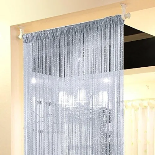 Vista 23 de Cortina de cuerda para puerta, hilo plano de cinta plateada con borlas, divisor de habitación, 39 x 79 pulgadas (beige-estilo 2)