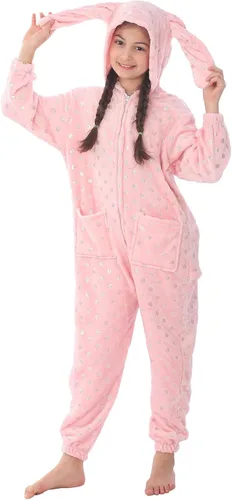 Vista 7 de WOYASIM Disfraz de franela para niños, disfraz de conejo de Pascua con lunares para niñas y niños, lindo conejo rosa