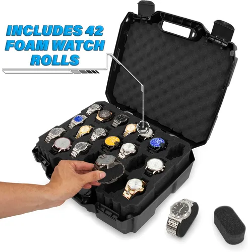 Vista 3 de CASEMATIX Estuche de viaje para reloj con 42 ranuras para portarrollos de reloj, resistente a los impactos con caja de reloj de espuma
