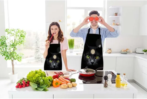 Vista 2 de Delantal de cocina con cabeza de gato negro Babero Delantal para Chef Restaurante Limpieza del hogar Servicio, Multi-001