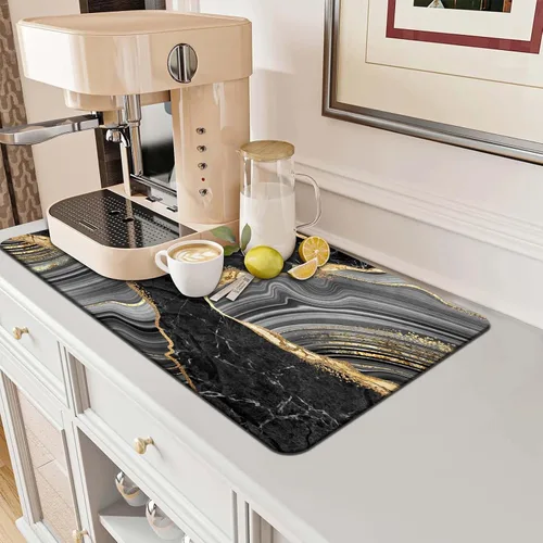Vista 7 de MCALK Tapete de secado de platos negro mármol para encimera de cocina, almohadilla de secado de platos dorada con base de goma antideslizante