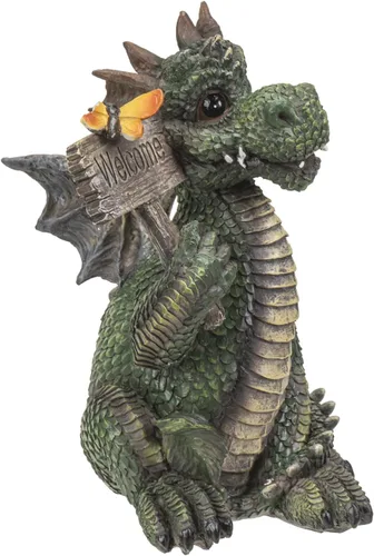 Vista 4 de Pacific Trading - Figura de dragón verde con letrero de bienvenida, 7 pulgadas