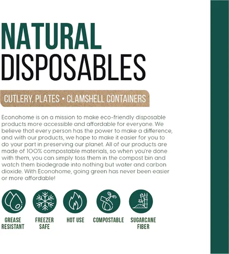 Vista 5 de EconoHome Paquete de 50 platos desechables con 5 compartimentos, bandeja compostable de caña de azúcar y bagazo ecológica, apta para microondas