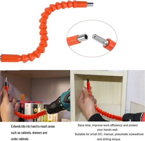 Vista 5 de Juego de 21 extensiones de brocas flexibles de 11.6 pulgadas, vástago hexagonal de 1/4 pulgadas, extensión de taladro flexible universal para Naranja