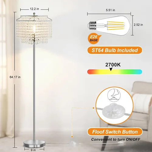Vista 4 de Luvkczc Lámpara de pie de cristal, lámparas de pie modernas de 64 pulgadas de alto con pantalla de doble capa, interruptor de pie de encendido